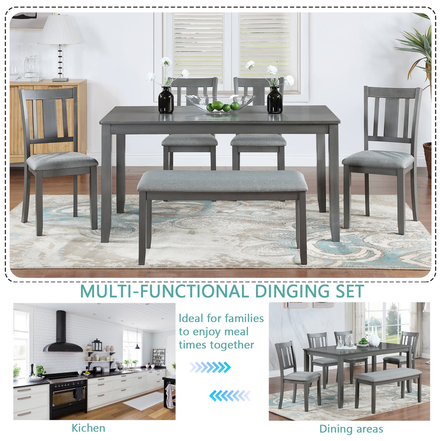 6-Piece Rectangular Wooden Dining Set with Upholstered Chairs & Bench - Gray
