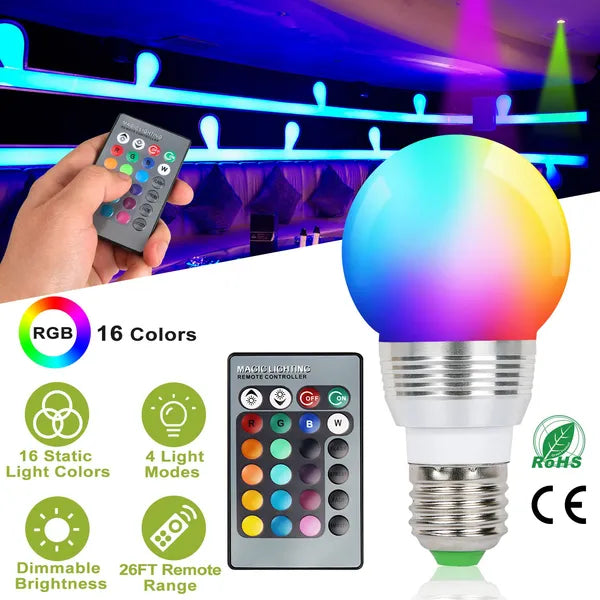 16-Color Dimmable E27 RGB LED Bulb with Remote Control - Mood Lighting