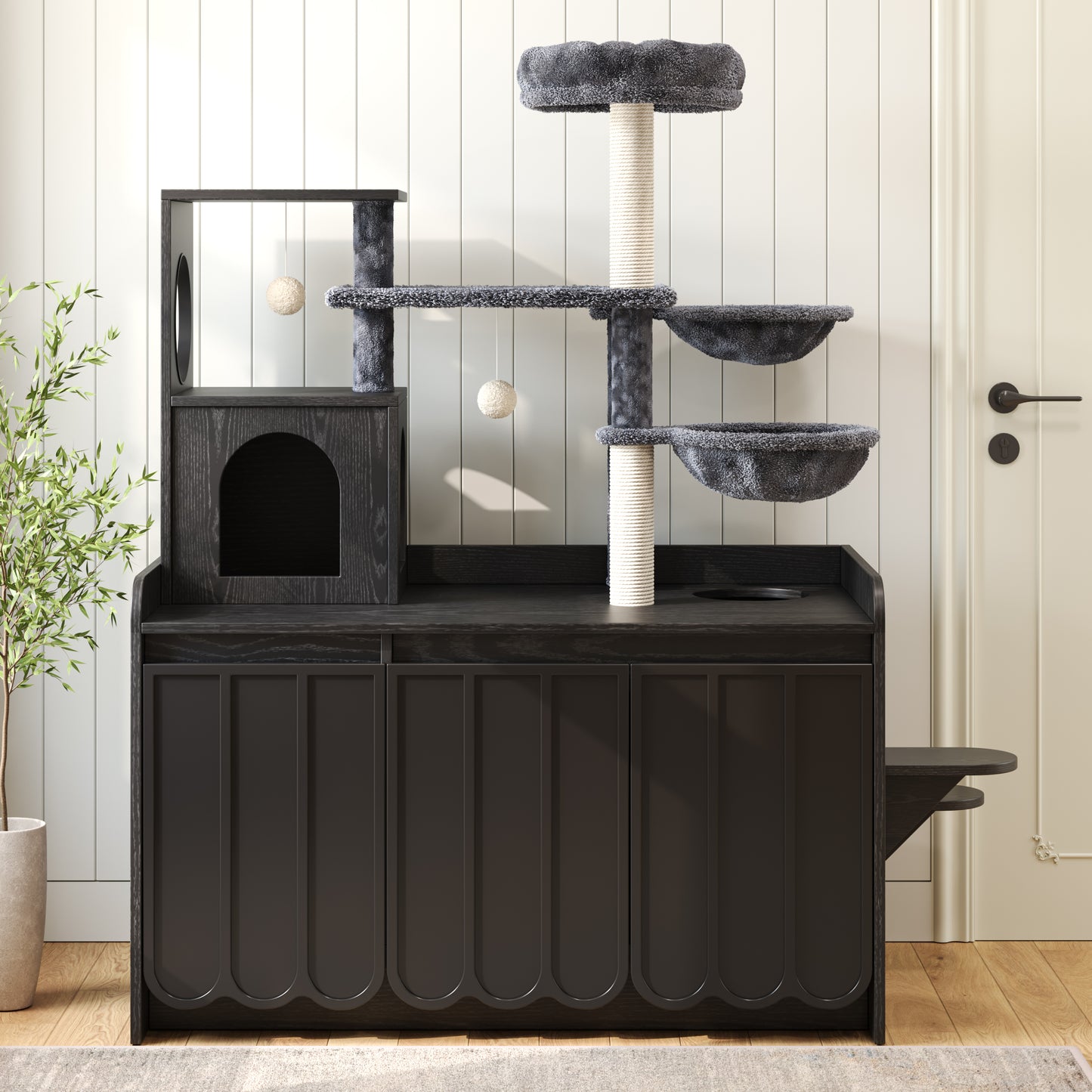 50.6 Cat Tree With Litter Box Enclosure, Tower Sisal Scratching Post