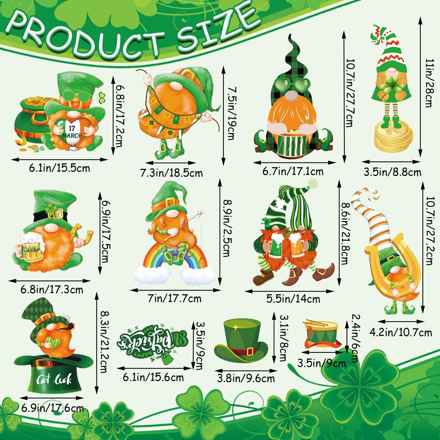 St. Patrick's Day Gnome Window Decals - 9 Sheets of Reusable Clings
