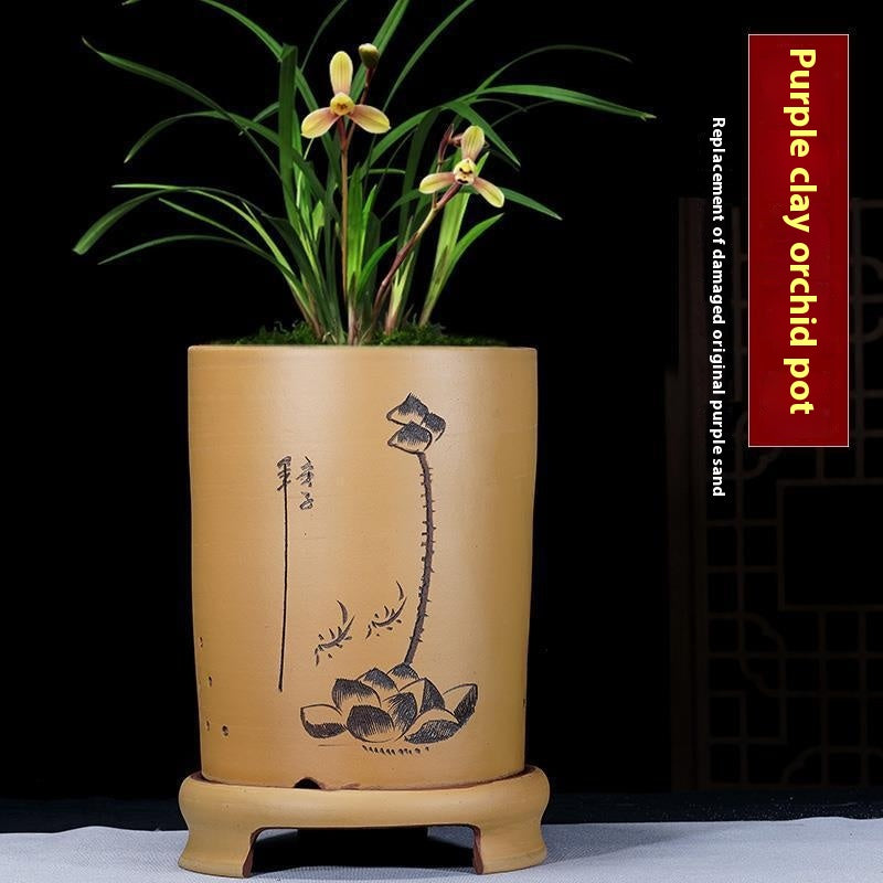 Large Ceramic Flowerpot with Purple Sand Finish - Modern Garden Decor