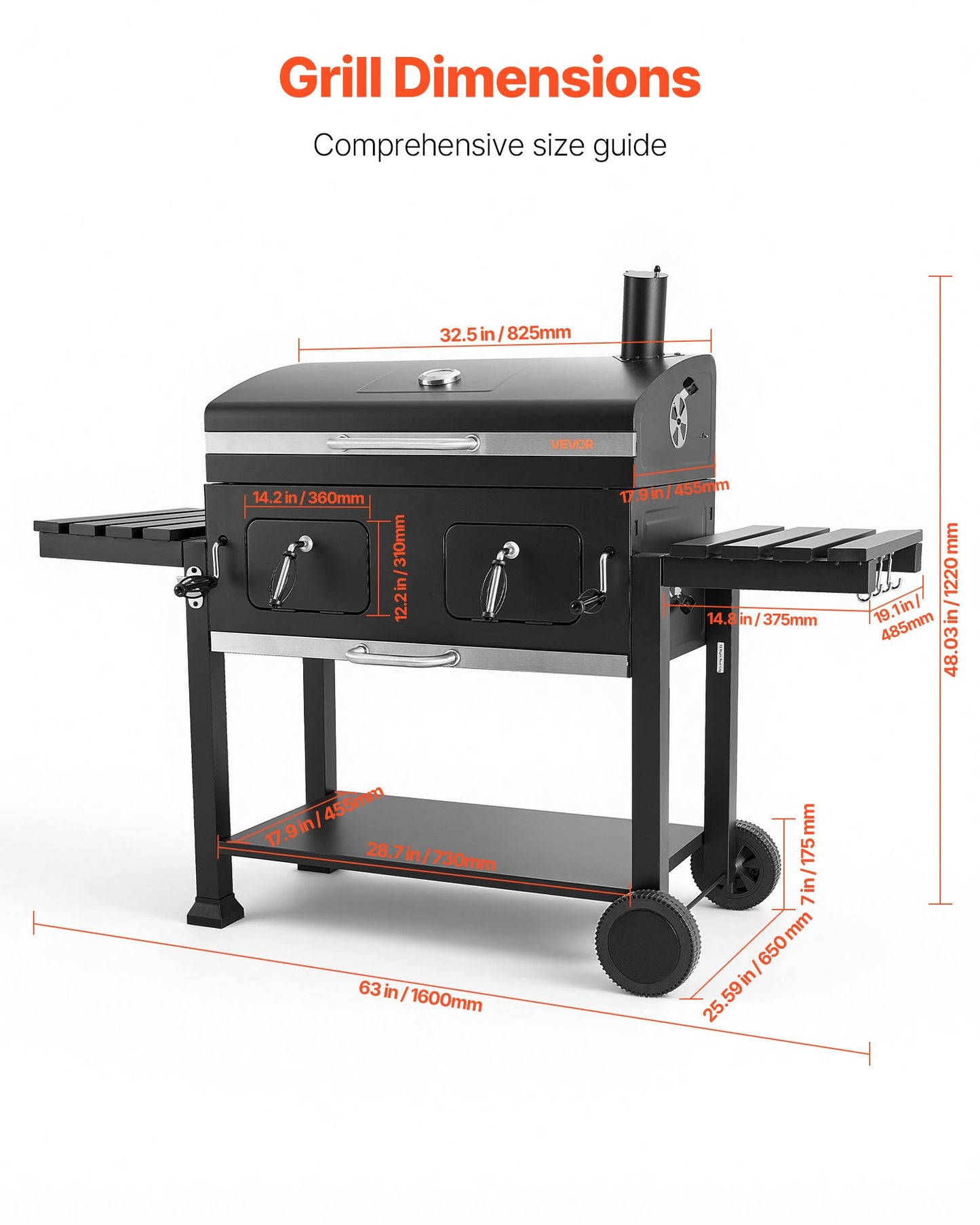 Large Charcoal Grill 780 Sq.in. with Liftable Trays & Folding Side Tables for Patio & Backyard