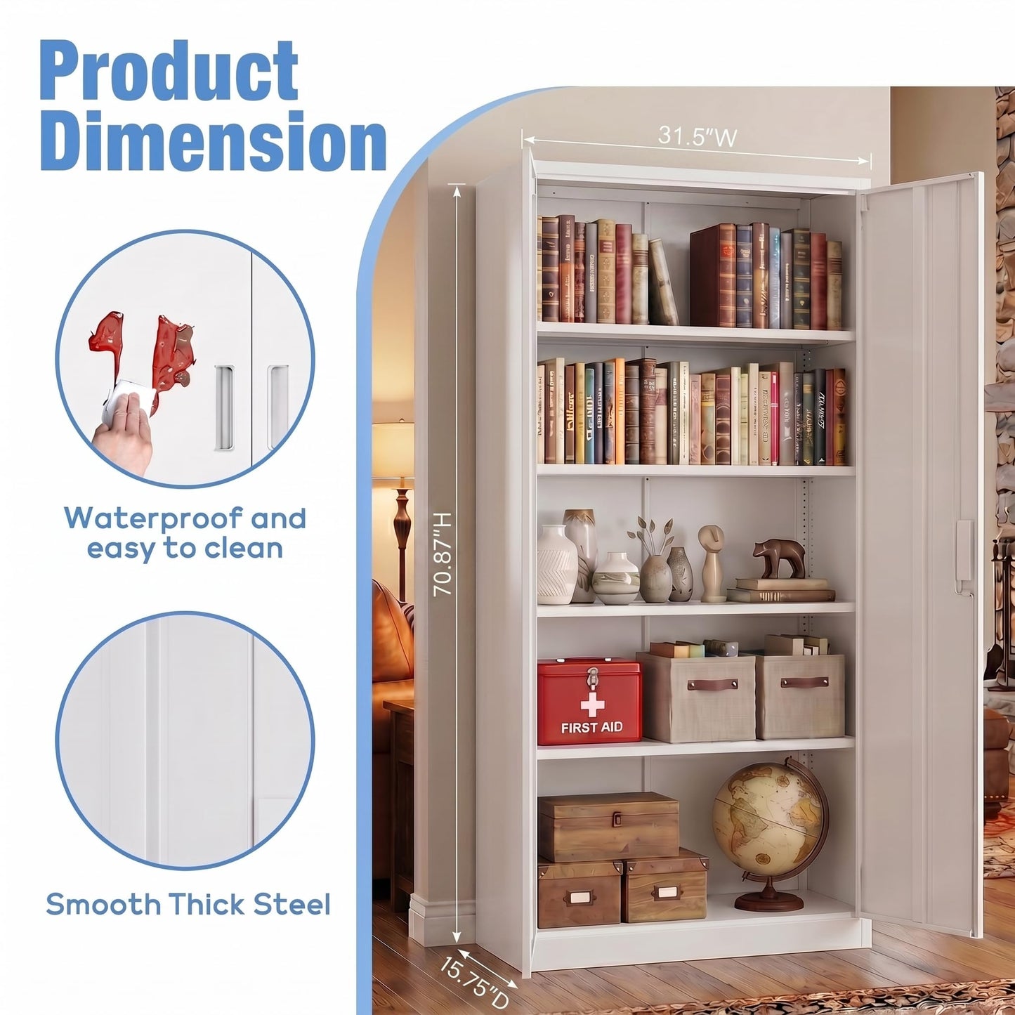 Lockable Metal Garage Storage Cabinet with 4 Adjustable Shelves - White
