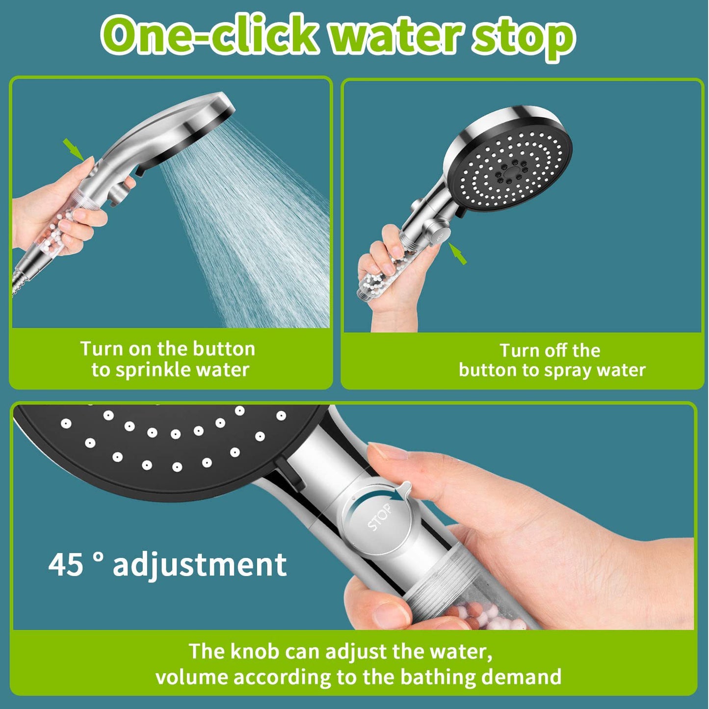 Handheld Shower Head with 1.5m Hose and On/Off Button - Black
