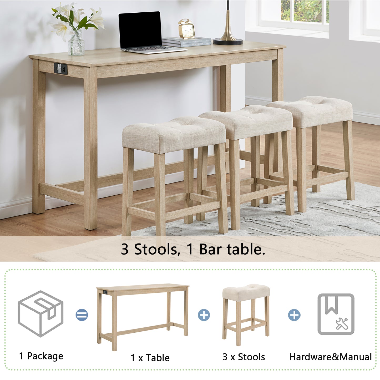 Bar Table Set with Power Outlet & 3 Stools - Light Oak