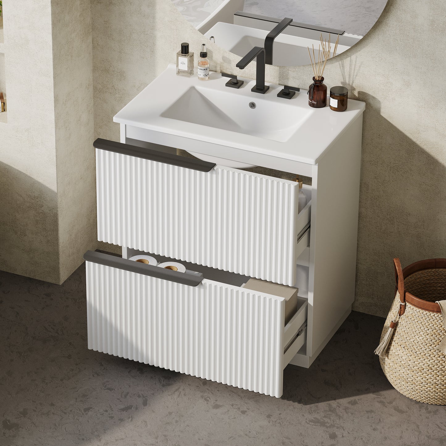 30" Bathroom Vanity with Ceramic Sink & Full-Extension Drawers - White