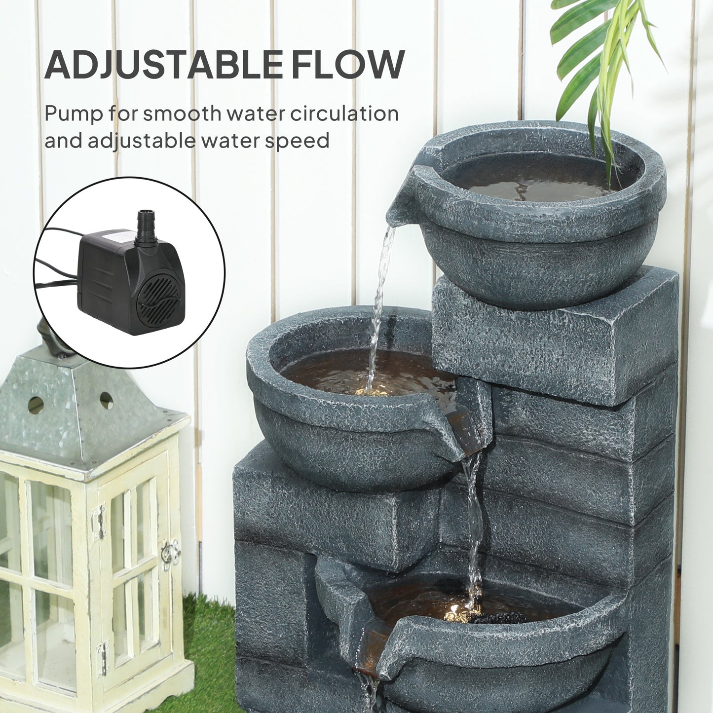 30-Inch Outdoor Waterfall Fountain with LED Lights, 4-Tier Resin Cascading Water Bowls
