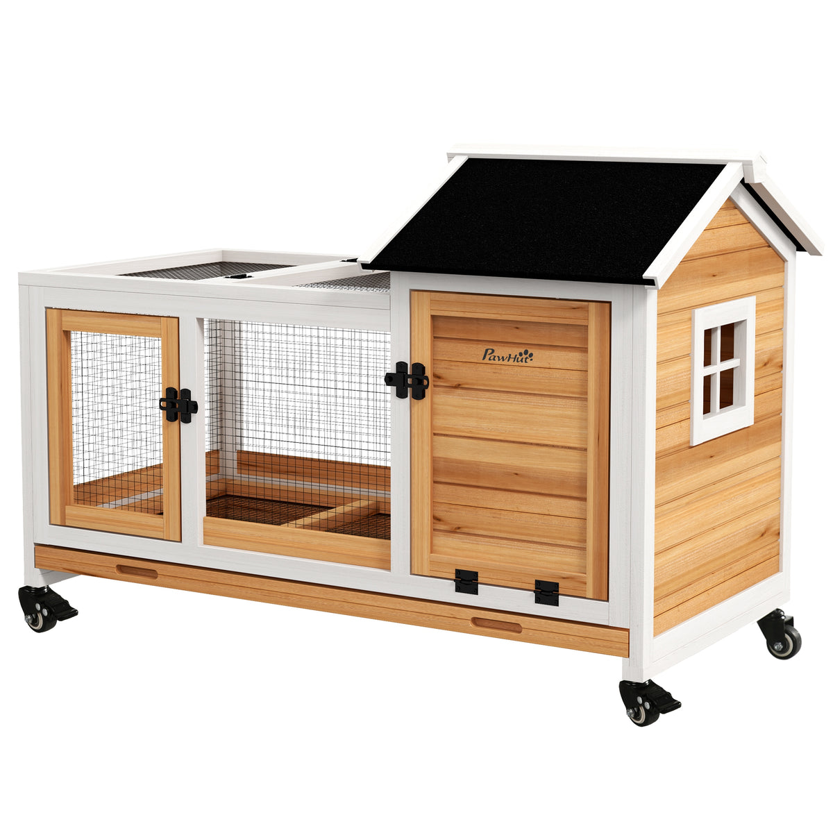 Wooden Rabbit Hutch with Wheels and Run for Small Animals - Yellow