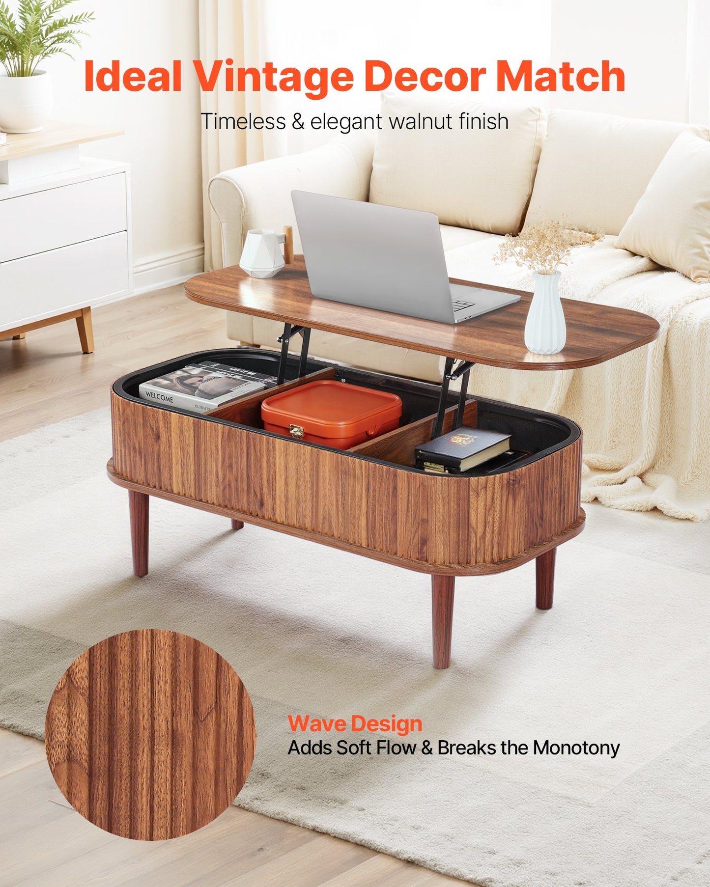 Lift Top Coffee Table with Hidden Storage - Mid-Century Wooden Oval Desk, Walnut Finish