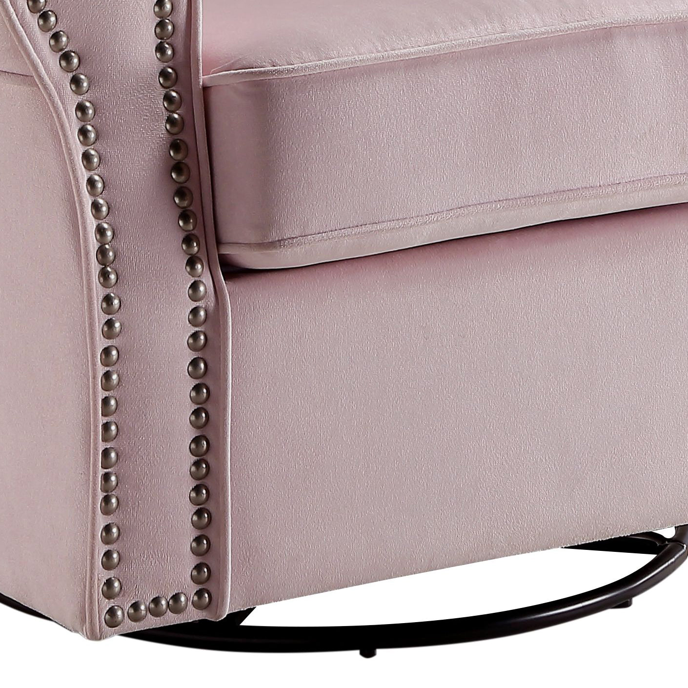 Pink Fabric Glider Chair with Swivel and Nail-Head Trim