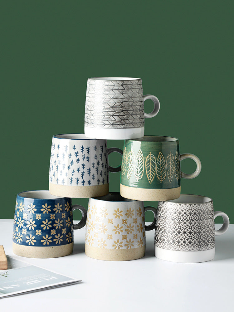 Retro Pastoral Water Mug Embossed Ceramic Drinkware with Handle