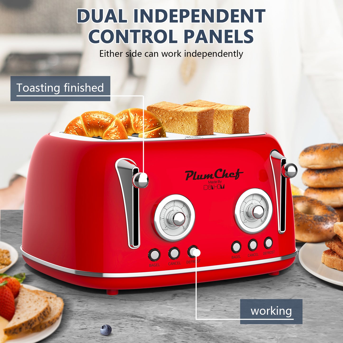 4-Slice Retro Toaster with Dual Control & 6 Browning Settings - Red