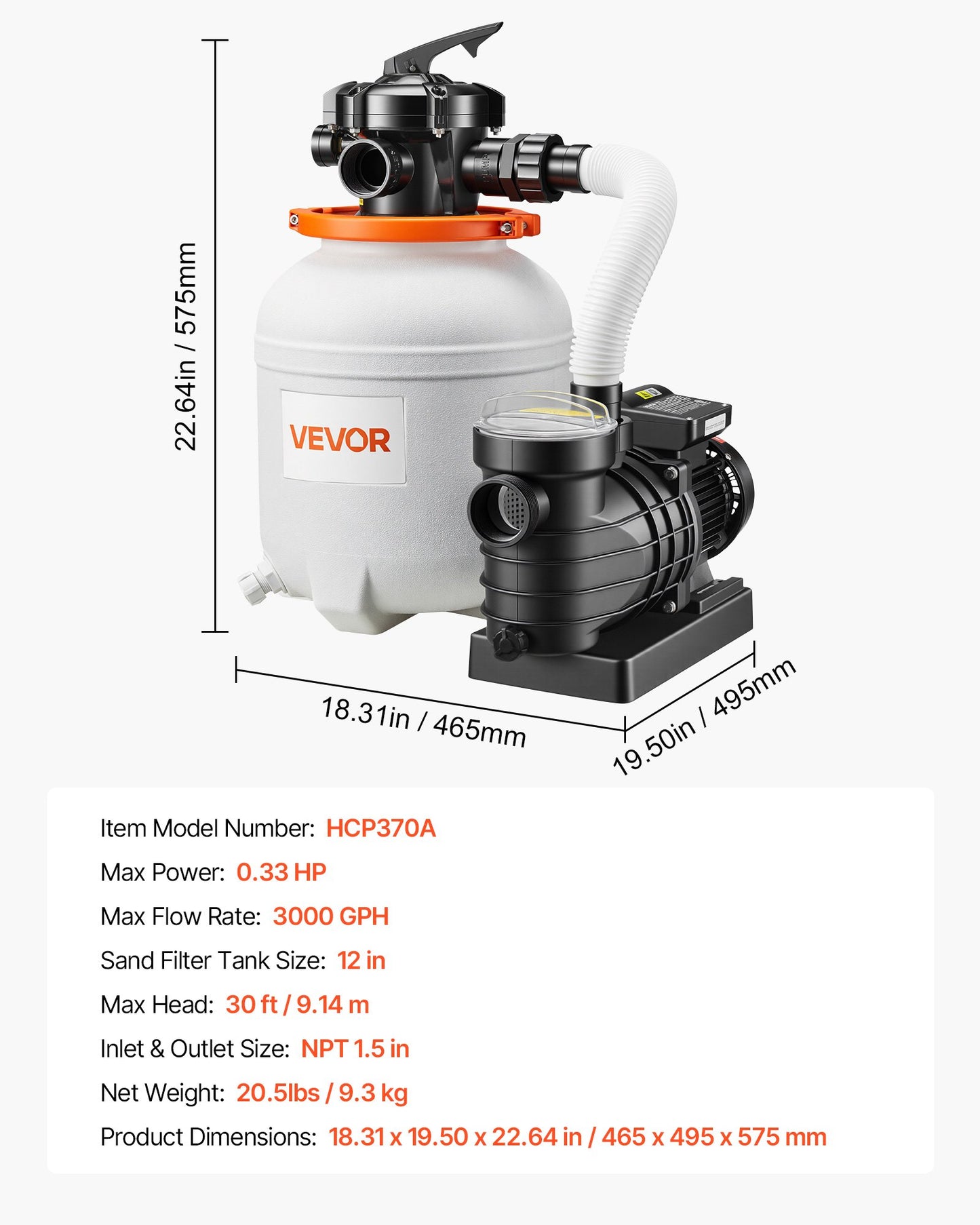 12-Inch Sand Pool Filter Pump - 0.33 HP 3000 GPH Above Ground Pool Filtration