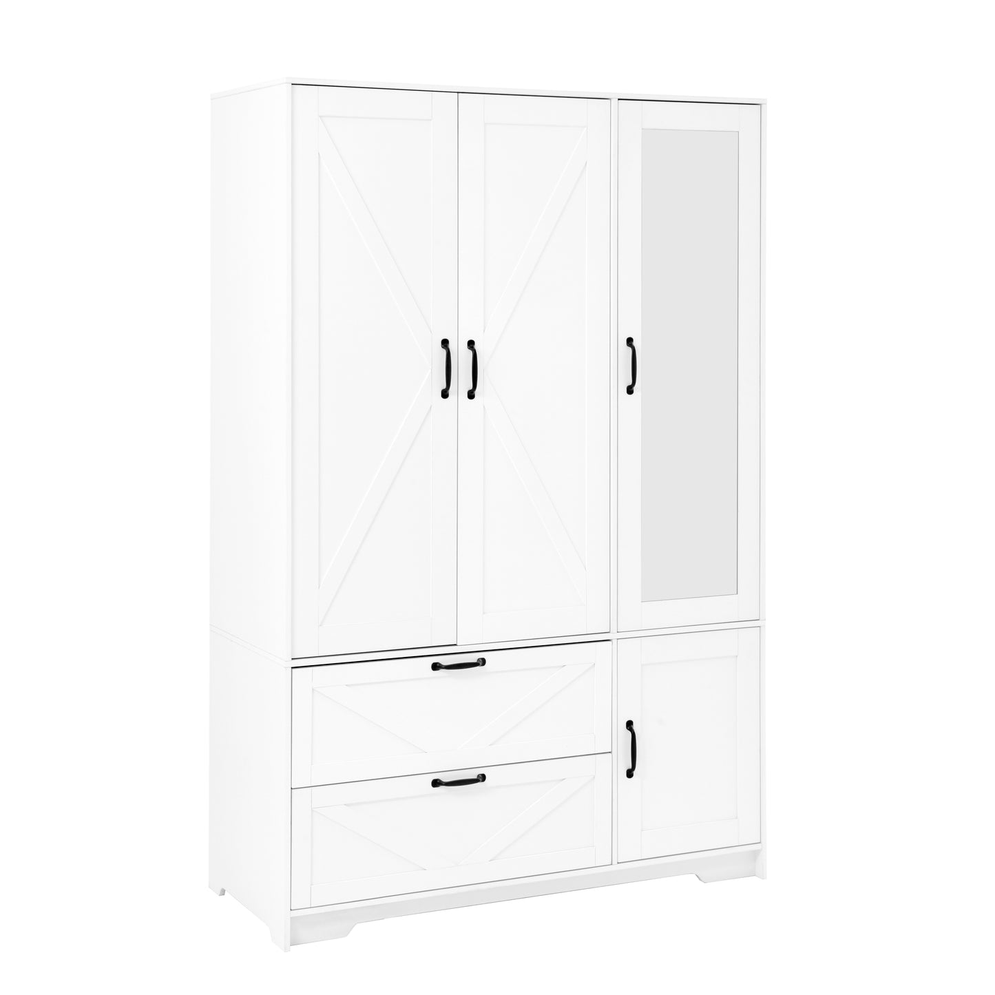 4-Door White Wardrobe Closet with Mirror & LED Lighting