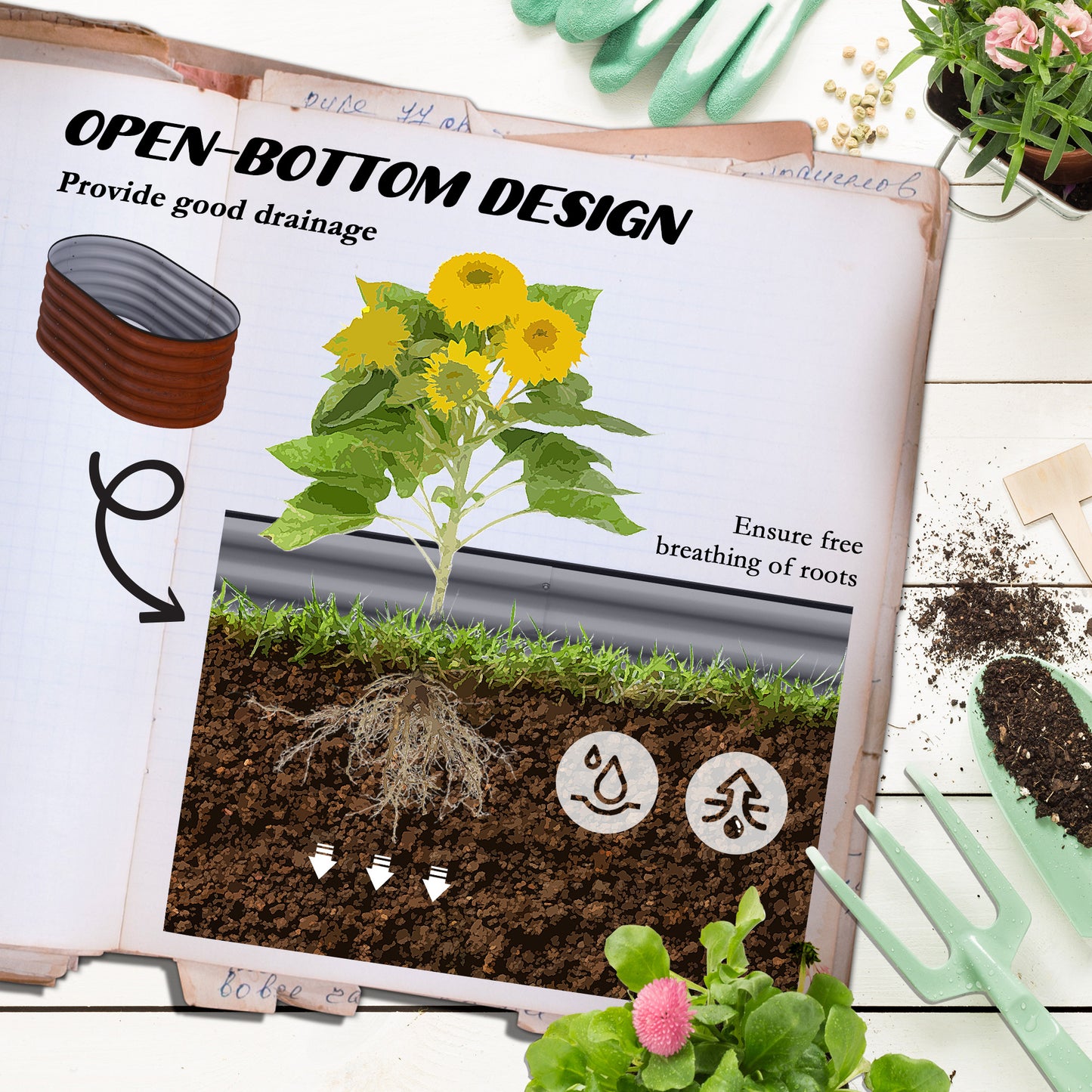 Galvanized Raised Garden Bed Kit - Metal Planter Box with Safety Edging, Brown - 41.25 x 23.5 x 16.5 Inches