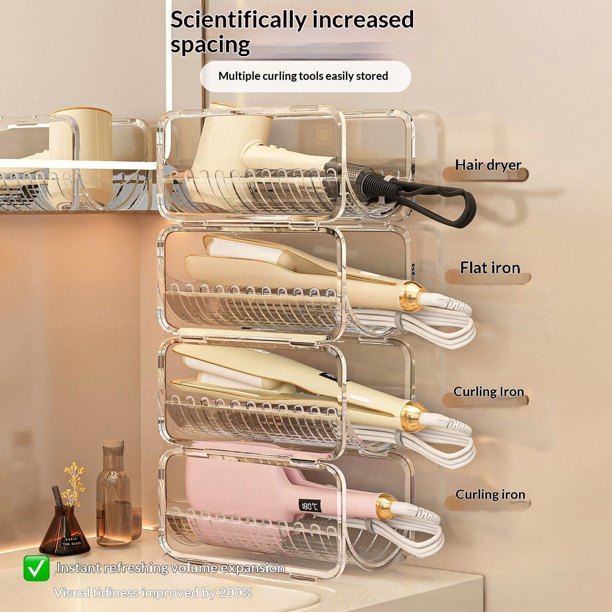 Hair Curler Storage Rack for Bathroom Countertop - Stackable PET Organizer