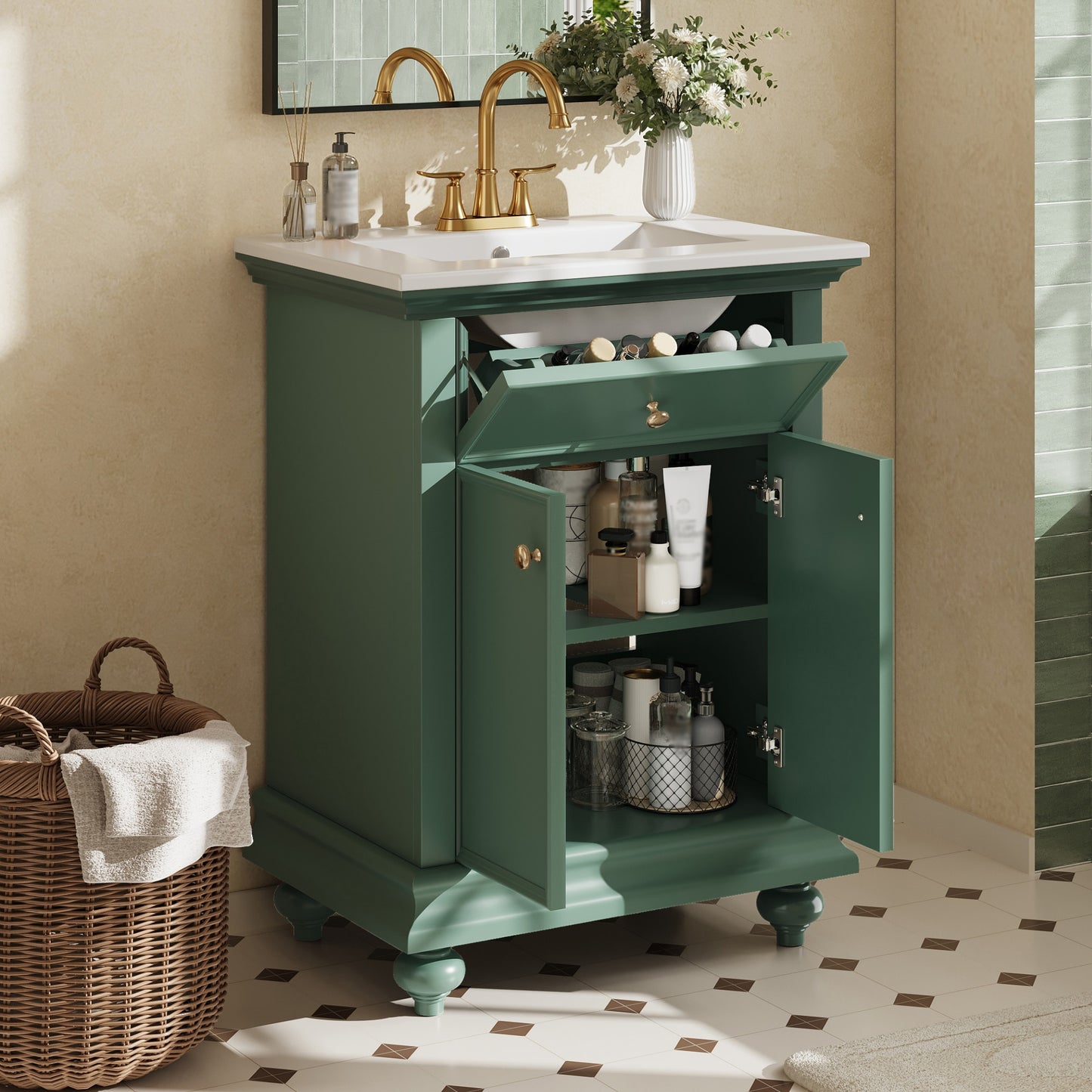 24" Modern Bathroom Vanity with Tip-Out Drawer - Green
