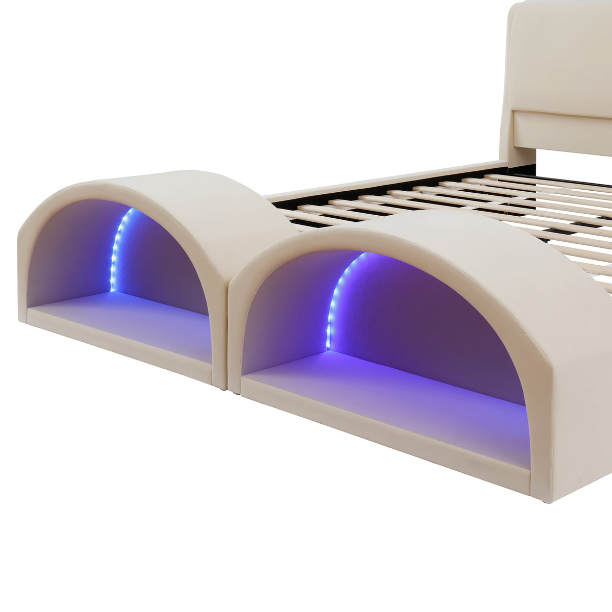 Queen Size Upholstered Platform Bed Frame with Dual Cat Caves & LED Pet Nests - Beige