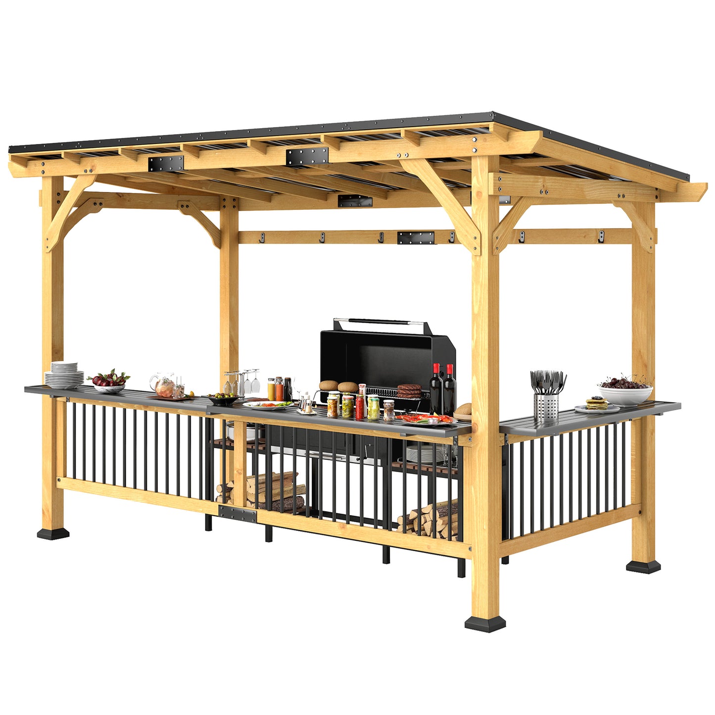 Outdoor Hardtop BBQ Grill Gazebo with Bar Shelves - Natural