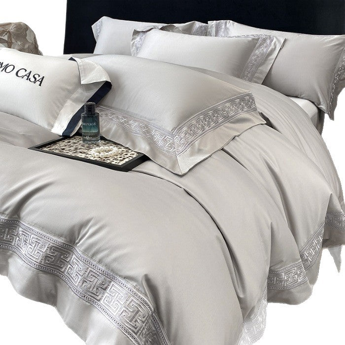 Double-Ply Cotton Bedding Set with Embroidered Geometric Pattern - Four Pieces