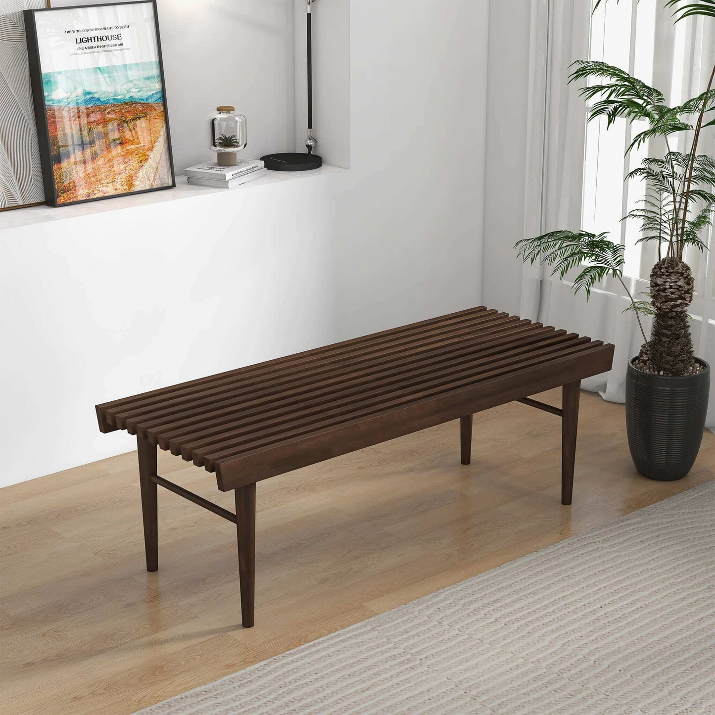 Mia Mid Century Modern Solid Wood Bench With Natural Walnut Stain