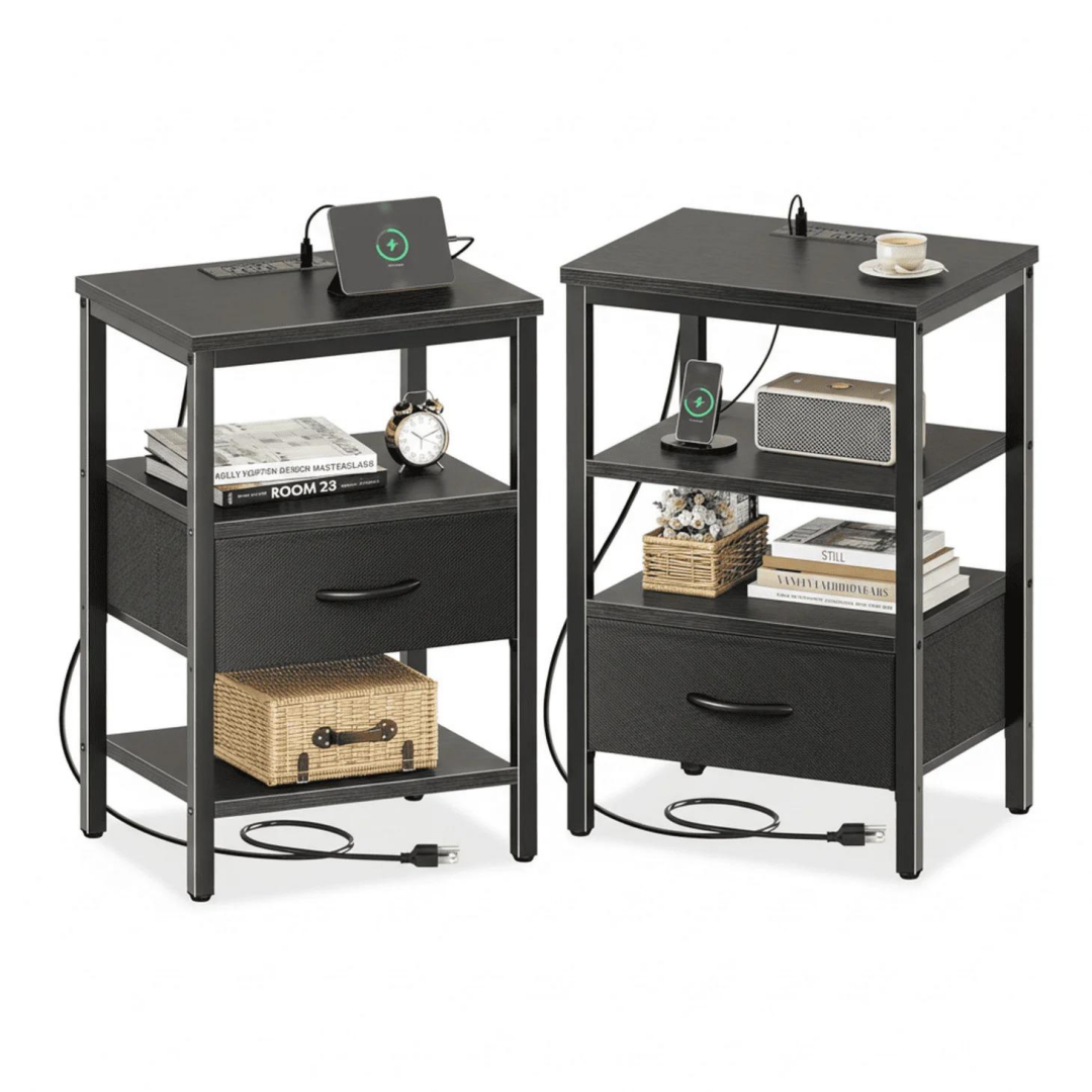 Black Bedside Table with USB-C Port and Adjustable Drawers
