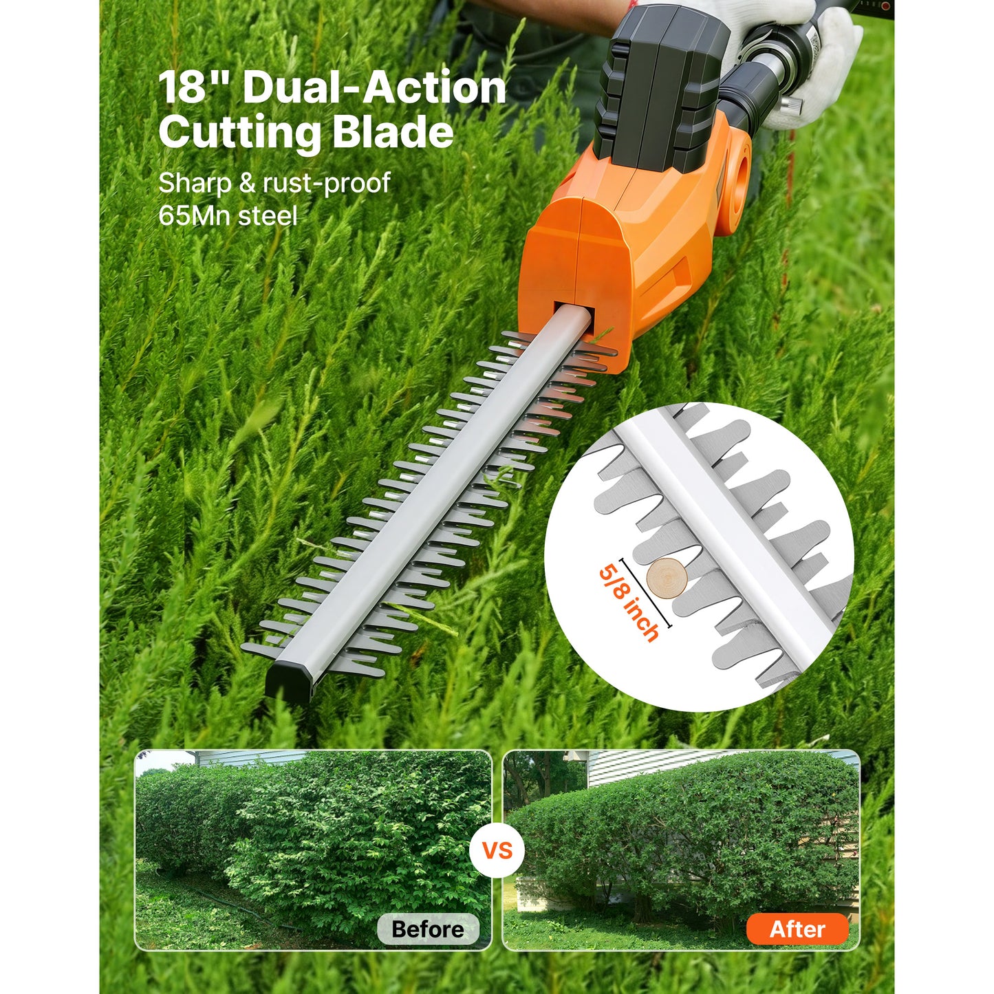 20V Cordless Pole Hedge Trimmer Kit with 18-Inch Steel Blade & Telescoping Reach