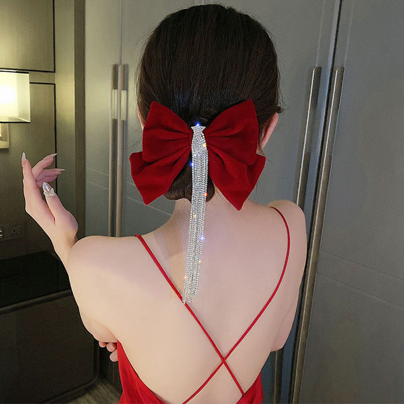 Red Bow Encrusted Tassel Hairpin Back Head Spring Clip - Elegant Hair Accessory
