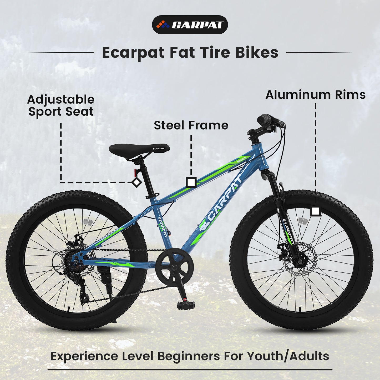 24-Inch Fat Tire Mountain Bike - Full Shimano 7-Speed, Blue & Green