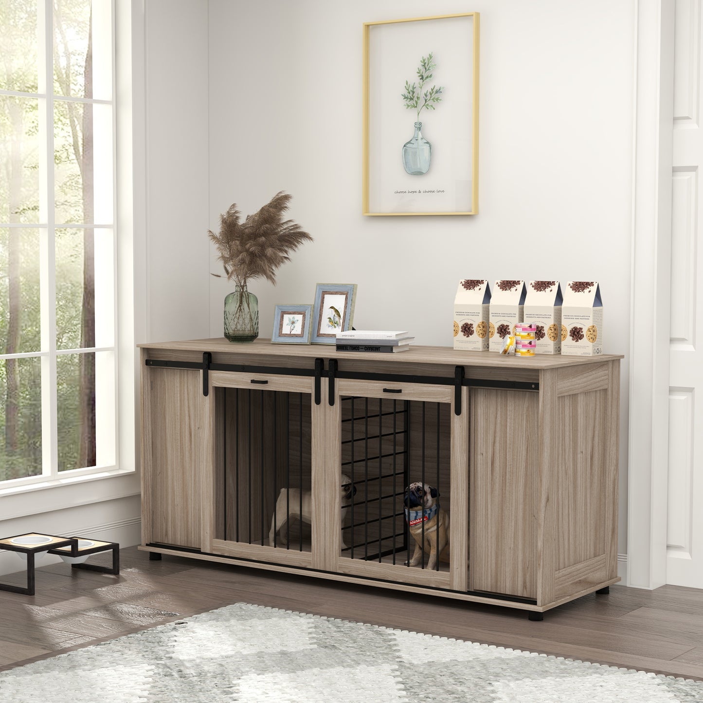 71-Inch Modern Dog Kennel with Storage & Removable Divider - Walnut