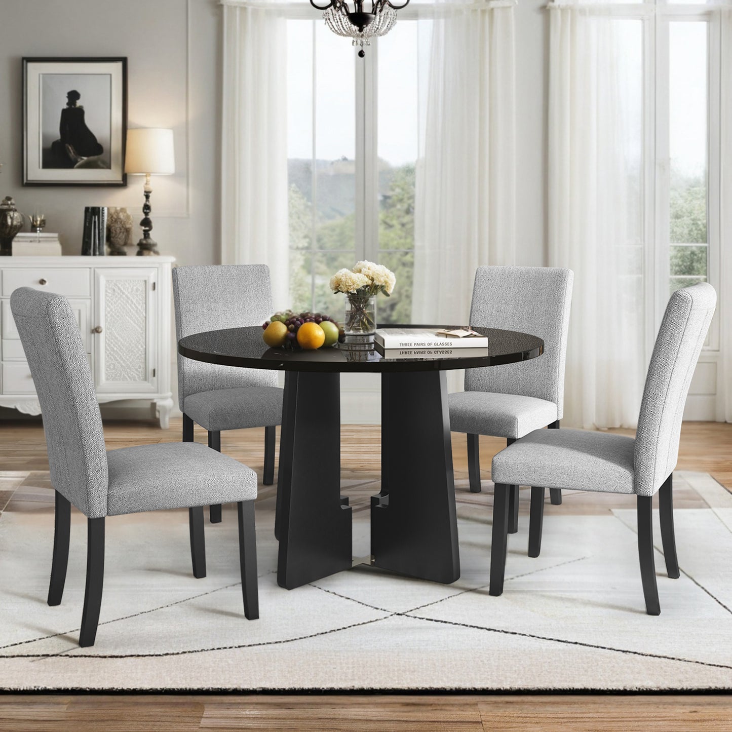 5-Piece Round Dining Table Set, 43-Inch Modern And 4 Upholstered