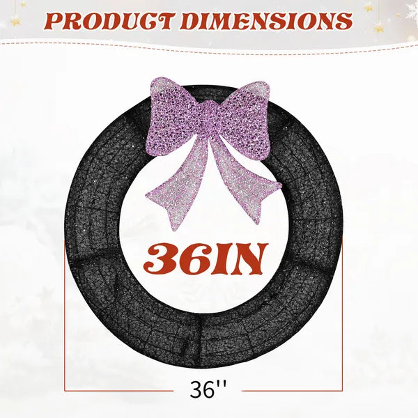 36-Inch Pre-Lit Outdoor Christmas Wreath with Remote Control LED Lights & Purple Bow