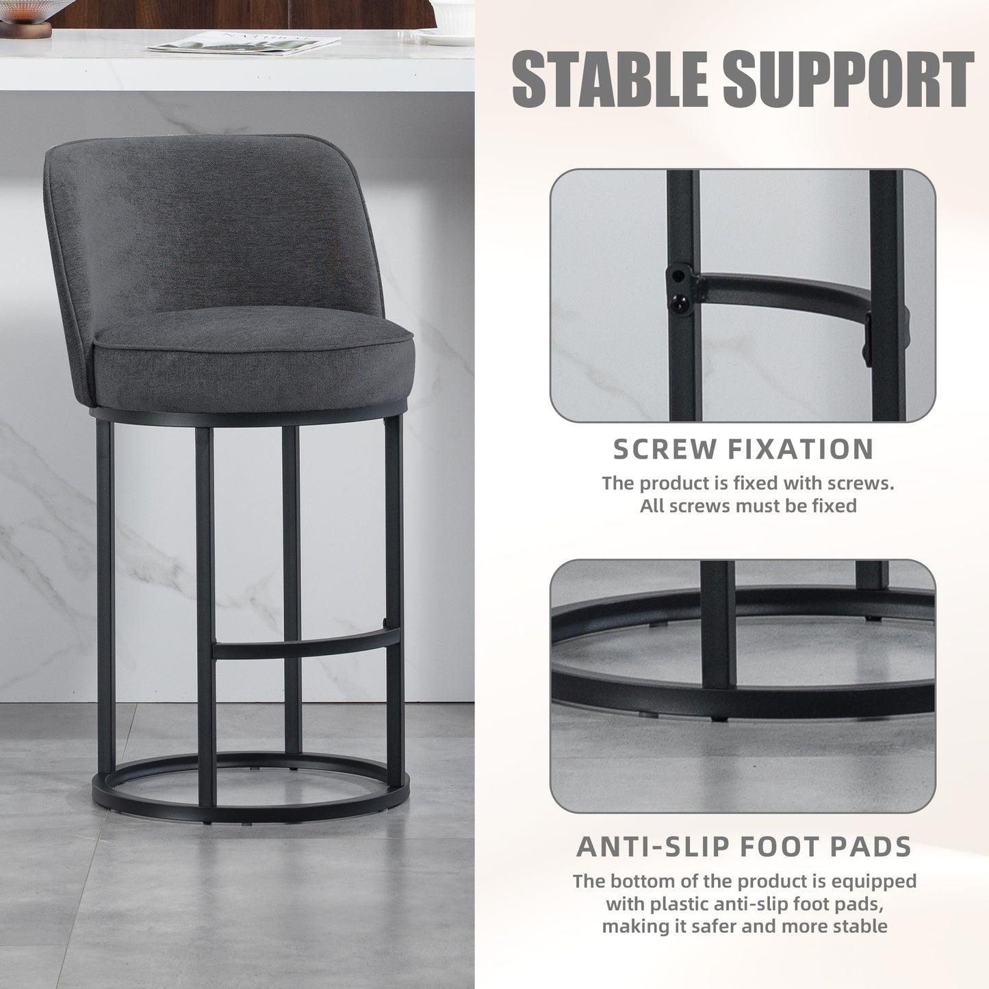 Modern Barrel Counter Stools Set of 2 - Gray Linen Upholstered