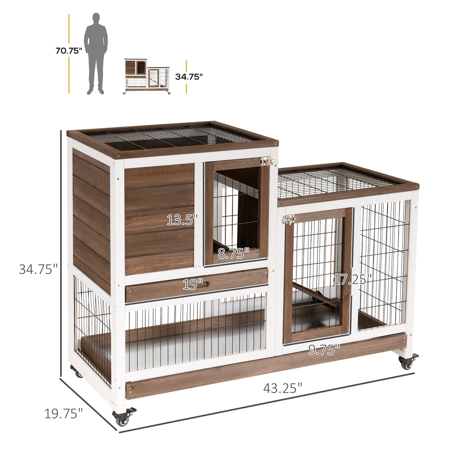 Elevated Wooden Rabbit Hutch with Wheels and Removable Trays - Brown & White