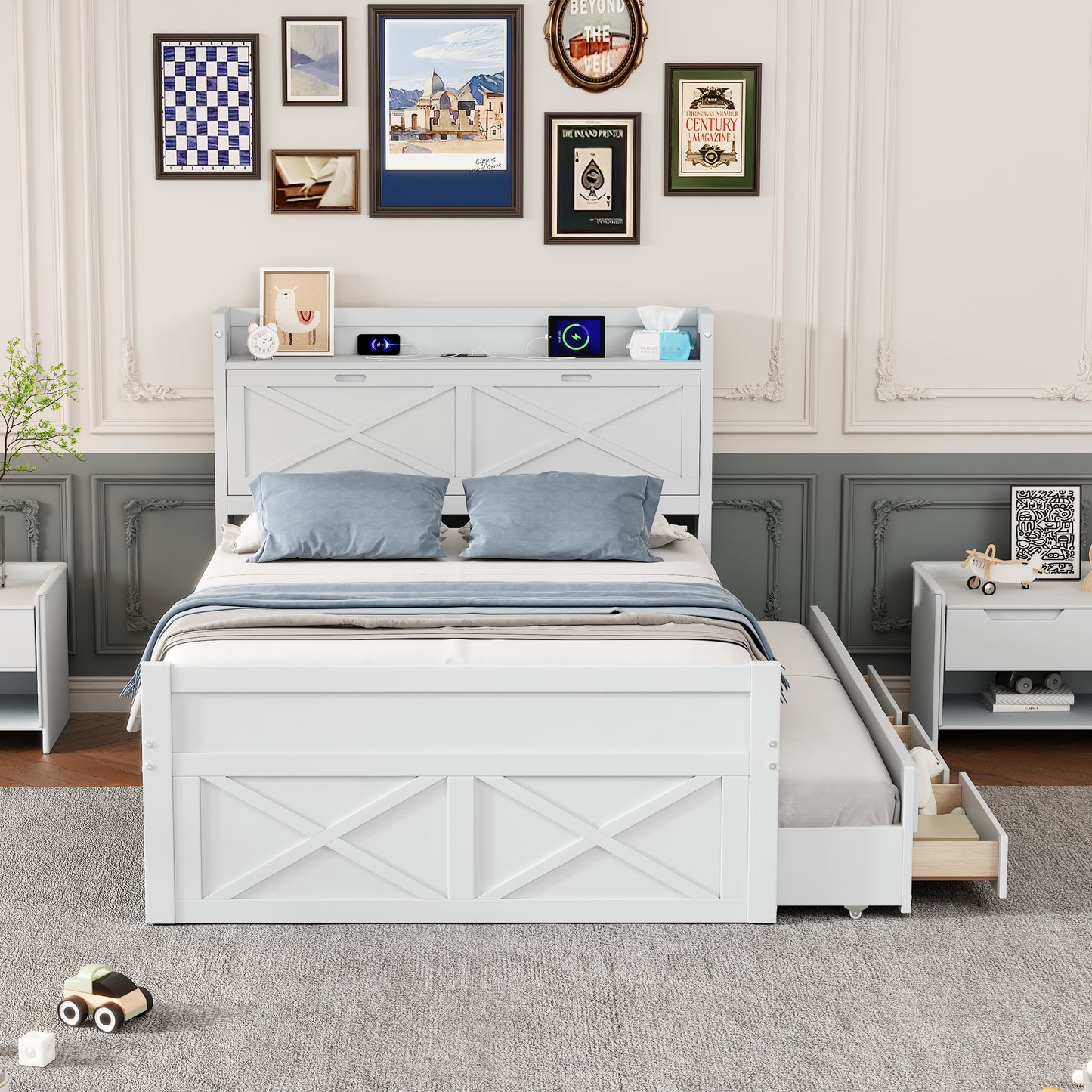 Full Size Wooden Bed With Storage Headboard Outlets, Extendable Twin
