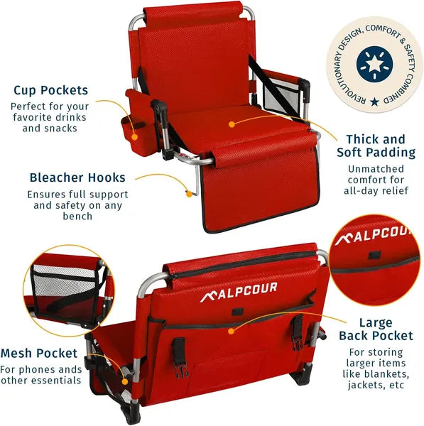 Foldable Padded Stadium Seat with Backrest and Cup Holder - Red
