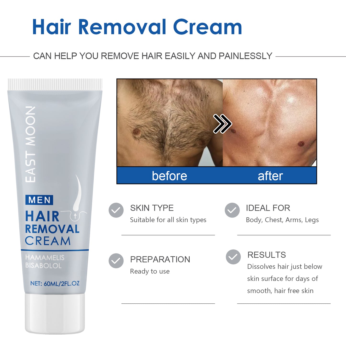 Gentle Hair Removal Cream for Men - 60ml Fast-Acting Body Grooming Formula