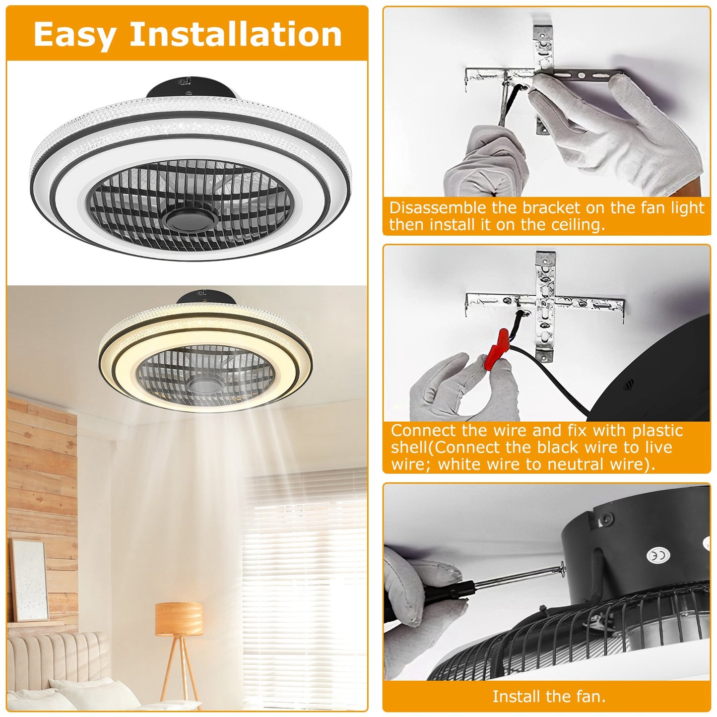 20.5in Ceiling Fan with Light Remote Control & APP, 3-Speed LED Pendant Fan - Black