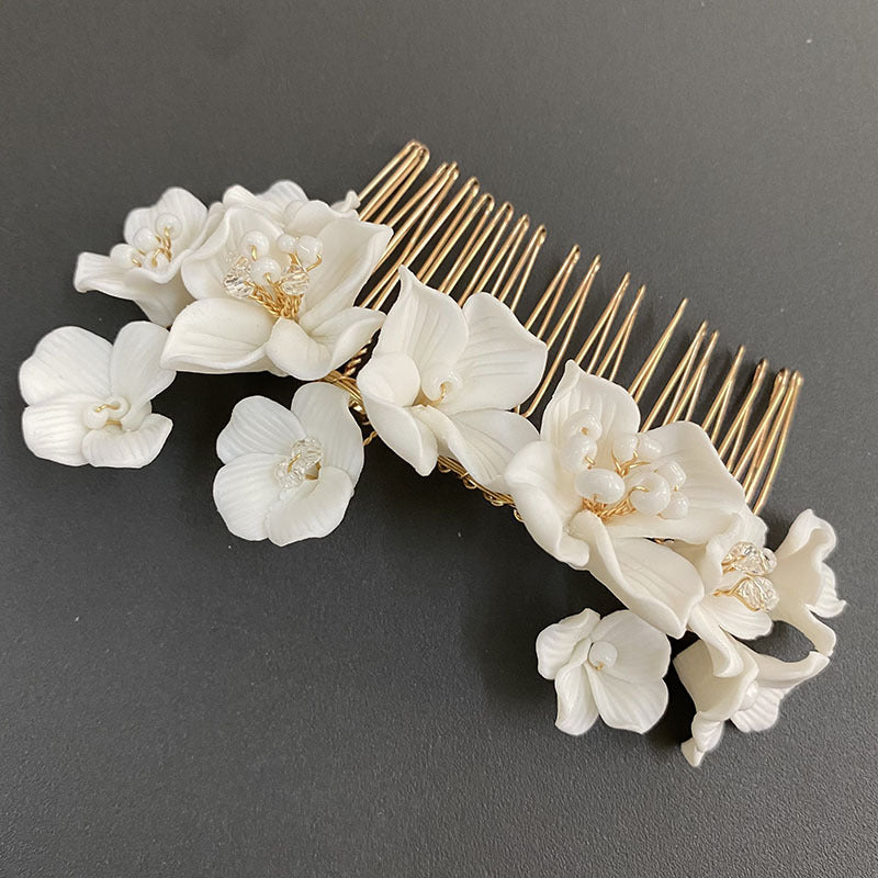 White Ceramic Bridal Hair Comb Flower Headpiece