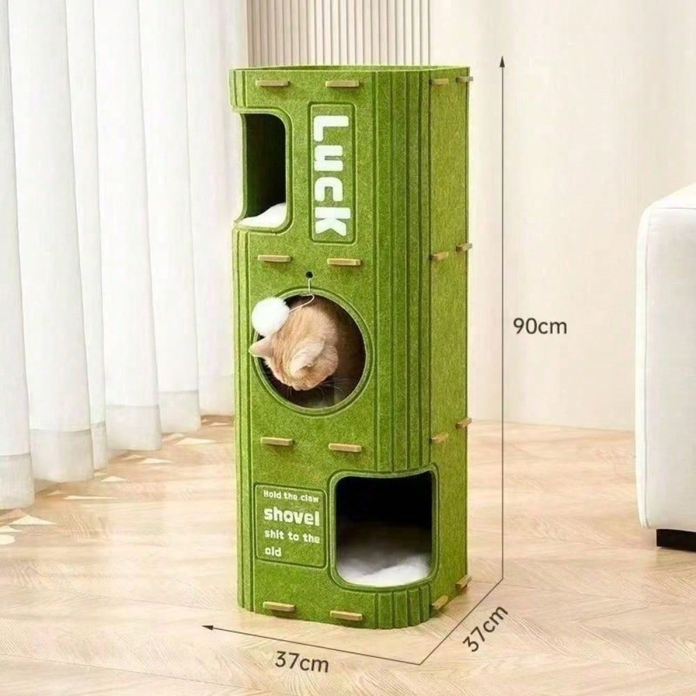 Multi-Level Felt Cat Tree Tower with Hideaways & Interactive Toy - Space Saving Indoor Cat Condo