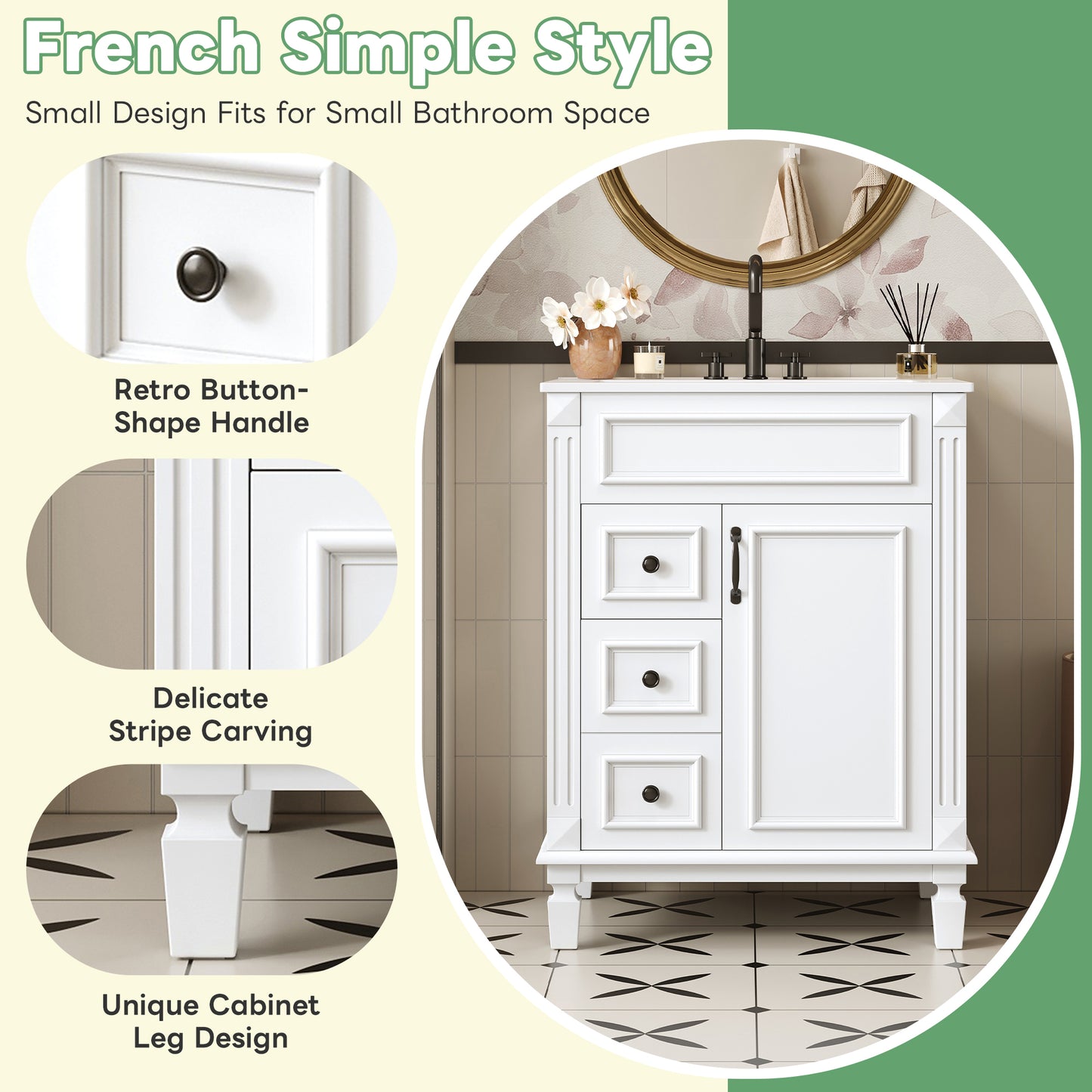 24 Bathroom Vanity With Ceramic Sink, Small Sink Cabinet, Modern