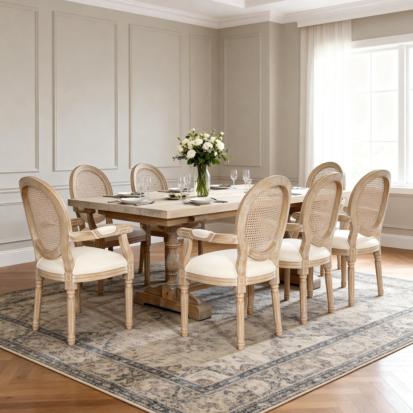 French Country Dining Armchair Set of 2 - Beige Upholstered Chairs