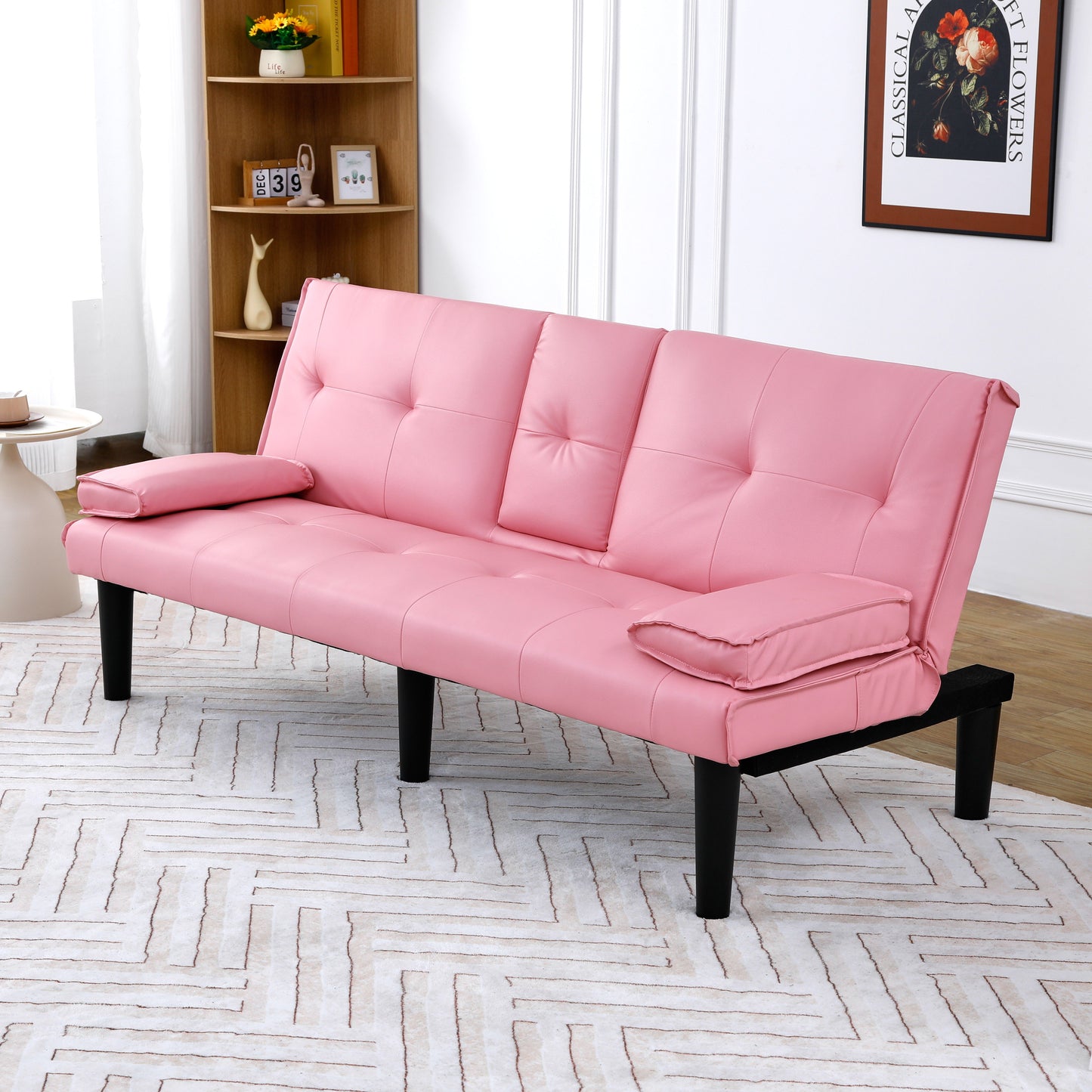 67-Inch Pink PVC Sofa Bed with Foldable Design & Cup Holder