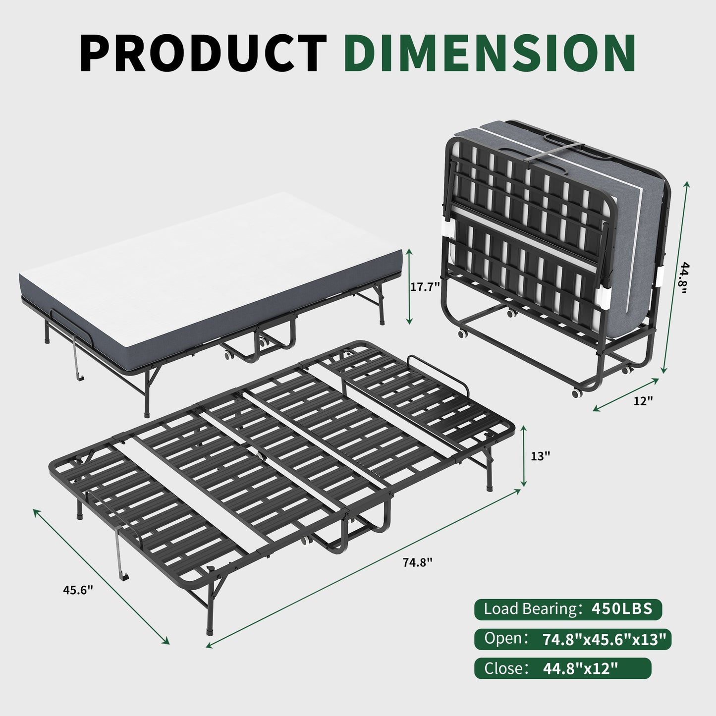 Large 75x46 Wide Folding Bed For Tall People, Extra Long & Rollaway