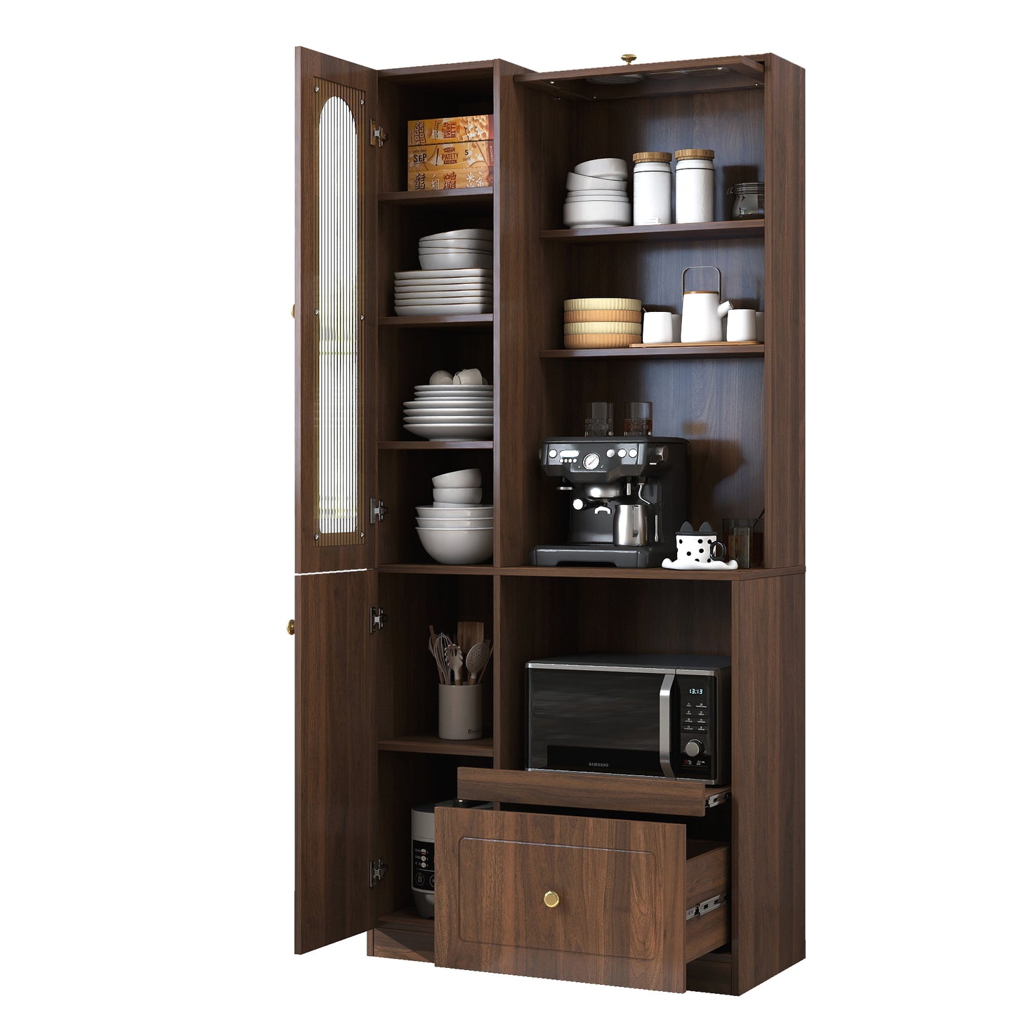 Walnut Kitchen Pantry Cabinet with Multi-Tier Storage Shelf