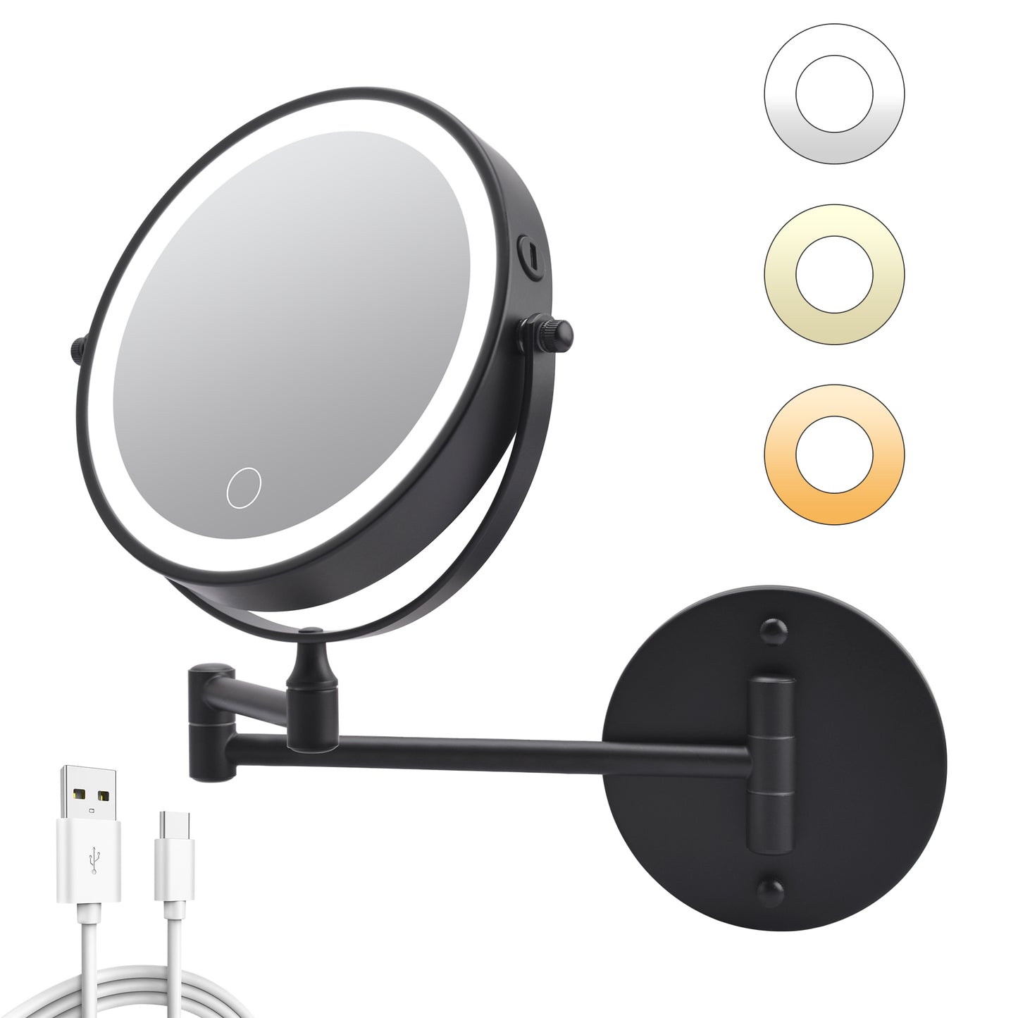 Rechargeable Wall Mounted Makeup Mirror with Lights - Black