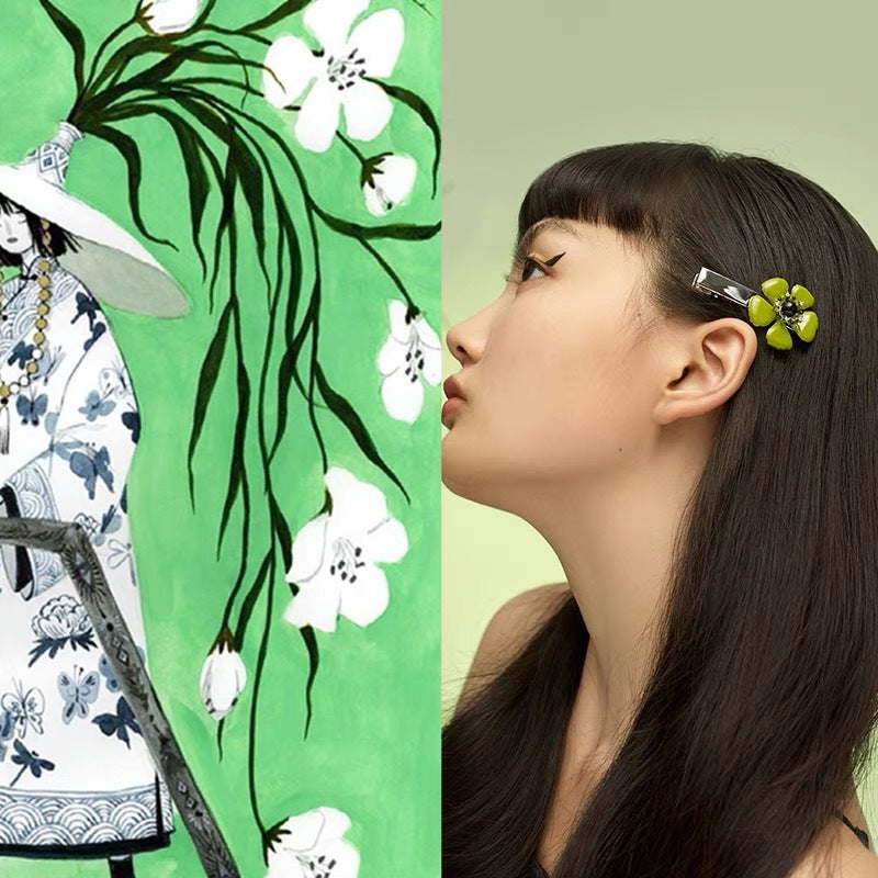 Green Flower Hairpin - Alloy Side Clip