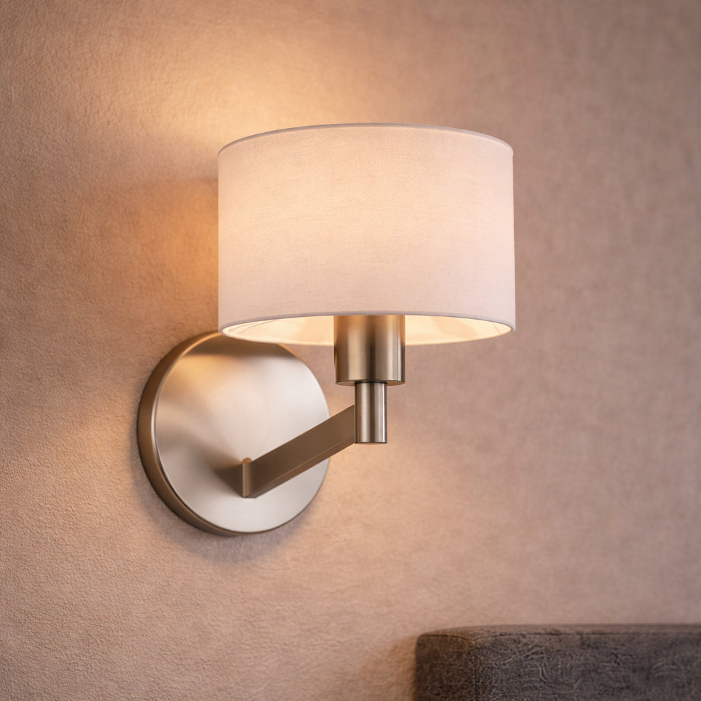 Nebula Brushed Nickel Base Wall Lamp With Rotary White Fabric Shade