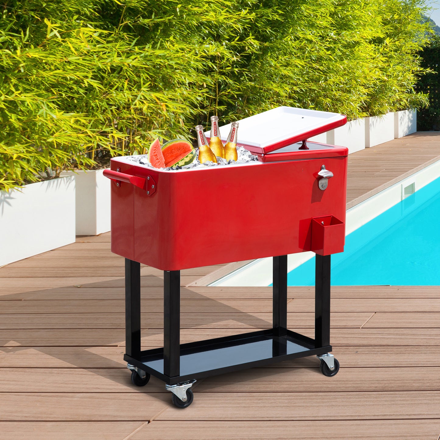 80 QT Rolling Cooler Cart with Wheels - Red Outdoor Drink Cooler