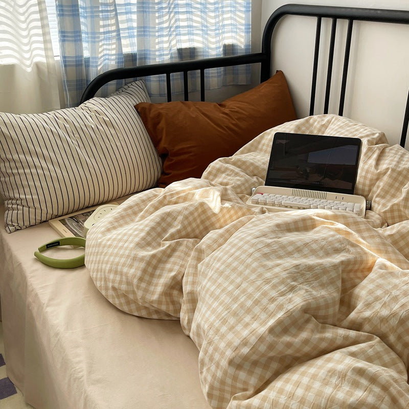 Fresh All-Cotton Checkered Bedding Set - Light Beige, 4 Pieces
